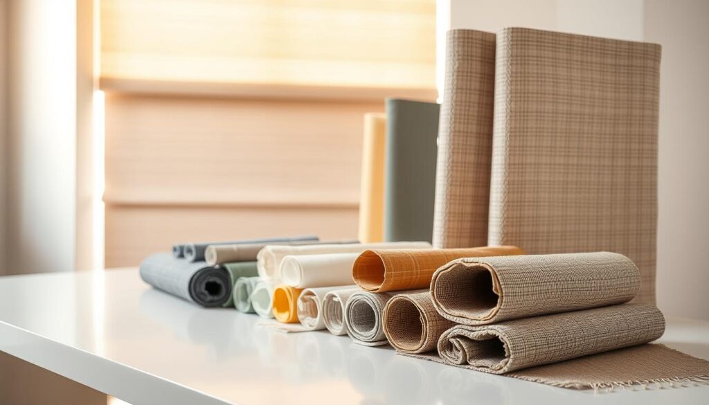A well-lit studio scene showcasing a variety of fabric textures and patterns for roller blinds. In the foreground, an assortment of rolled-up fabric samples in different colors and materials, such as linen, cotton, and polyester, are displayed on a sleek, modern table. The middle ground features a selection of partially unfurled roller blinds, allowing the viewer to observe the intricate details and weaves of the materials. In the background, a softly blurred wall provides a neutral backdrop, emphasizing the focus on the fabrics. The lighting is warm and natural, creating a inviting, informative atmosphere to showcase the range of roller blind fabric options and their associated pricing.