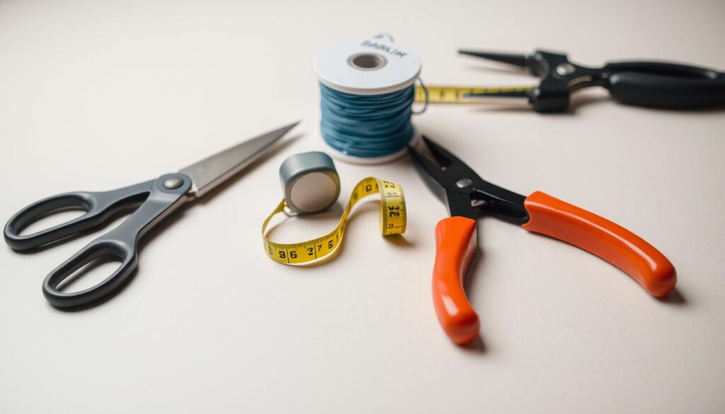 A well-lit tabletop arrangement showcasing the essential tools for replacing a window shutter cord. In the foreground, a pair of sturdy scissors, a box cutter, and pliers stand ready. In the middle ground, a spool of replacement cord and a small measuring tape provide the necessary materials. The background features a neutral, uncluttered surface, allowing the tools to be the focal point. The lighting is soft and even, creating a sense of professional craftsmanship and attention to detail. The overall composition conveys the practical and organized nature of the task at hand. A well-lit tabletop arrangement showcasing the essential tools for replacing a window shutter cord. In the foreground, a pair of sturdy scissors, a box cutter, and pliers stand ready. In the middle ground, a spool of replacement cord and a small measuring tape provide the necessary materials. The background features a neutral, uncluttered surface, allowing the tools to be the focal point. The lighting is soft and even, creating a sense of professional craftsmanship and attention to detail. The overall composition conveys the practical and organized nature of the task at hand.