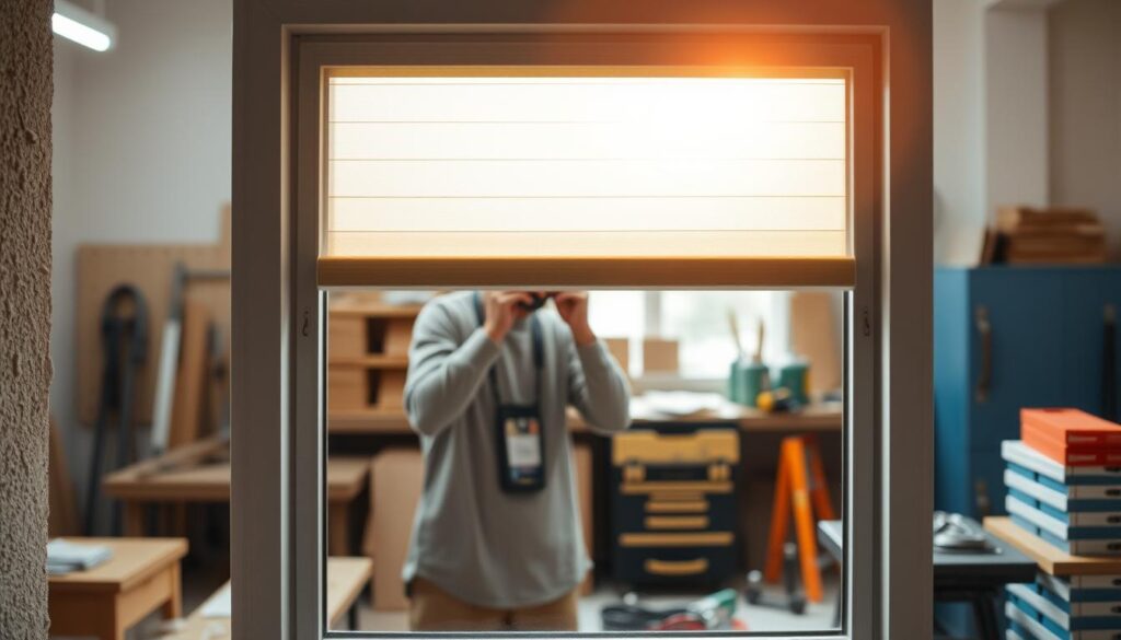 A well-lit workshop interior with a window frame in the foreground, displaying the process of installing a roller blind cassette. The middle ground features a worker's hands carefully measuring and aligning the cassette, while the background showcases various tools and equipment necessary for the installation. The scene conveys a sense of focused craftsmanship, with attention to detail and precision. The lighting is warm and natural, highlighting the textures of the materials used. The overall atmosphere is one of a professional, efficient installation process.