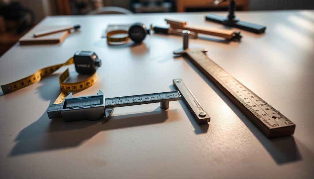 A well-lit workshop table, its surface covered in a variety of measurement tools - a tape measure, a digital caliper, a protractor, and a ruler. The tools are precisely arranged, casting crisp shadows that accentuate their forms. The lighting is soft and even, creating a sense of focus and attention to detail. In the background, the scene is slightly blurred, hinting at the task at hand - carefully measuring the components for a DIY window roller project. The overall mood is one of precision, concentration, and the satisfaction of a job well done.