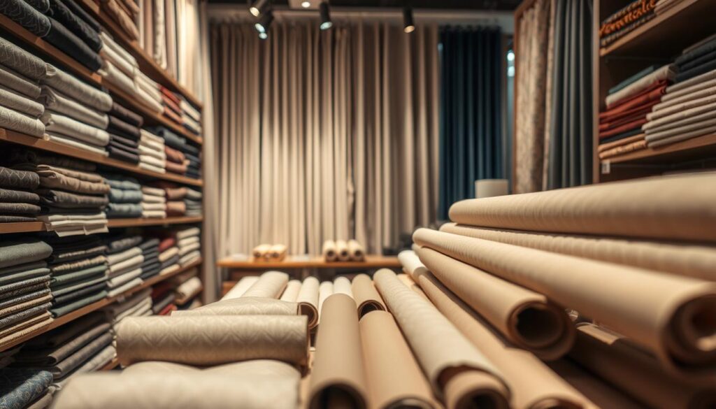 A well-organized fabric display in a high-end home decor store. The foreground showcases an assortment of elegant curtain and drapery fabrics in a range of textures and colors, neatly folded and arranged on shelves. The middle ground features several rolled-up fabric samples, inviting the viewer to touch and feel the materials. In the background, soft lighting creates a warm, inviting atmosphere, highlighting the rich hues and intricate patterns of the textiles. The overall composition conveys a sense of refined sophistication and attention to detail, inspiring the viewer to imagine how these materials could be seamlessly integrated into their own home decor.