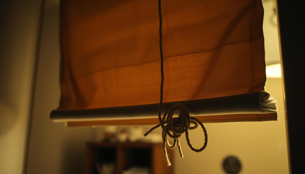 A well-worn roller shade hangs in a dimly lit room, its fabric worn and creased from years of use. The shade is partially lowered, casting a soft, uneven light across the scene. In the foreground, the pull cord is tangled and frayed, a testament to the shade's frequent adjustment. The background is blurred, hinting at the room's furnishings but keeping the focus on the problematic roller shade. The lighting is warm and muted, creating a sense of age and neglect. The overall composition conveys a feeling of frustration and the need for repair, perfectly reflecting the subject of "Najczęstsze usterki rolet dzień noc".