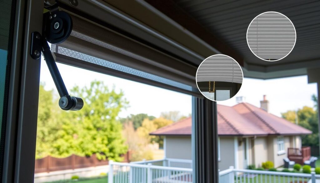 An exterior view of a house showcasing various methods for installing outdoor window blinds. The foreground depicts a close-up of a roller blind mechanism mounted on the window frame, with attention to the hardware and mounting brackets. The middle ground shows a wider perspective of the house, highlighting different blind styles such as retractable, pleated, and slatted designs. The background features a pleasant suburban landscape with trees and a clear sky, creating a peaceful, harmonious atmosphere. The lighting is natural, with soft shadows and highlights accentuating the textures and materials used in the blind installations. The entire scene conveys a sense of professionalism, practicality, and attention to detail in the installation process.
