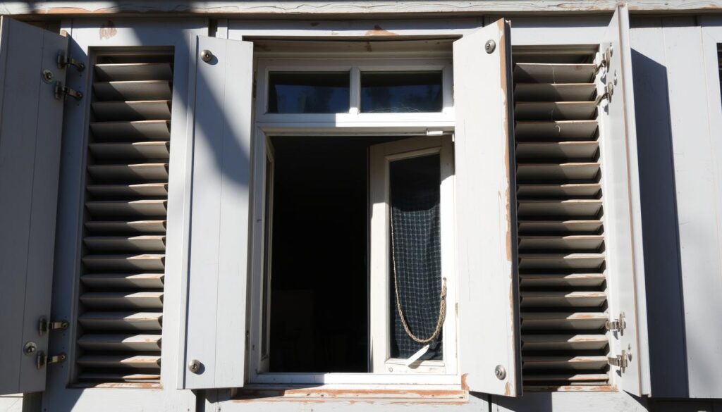 An exterior window shutter system with visible defects and malfunctions. A foreground view of the shutters, with their hinges, locking mechanisms, and overall structural integrity in a state of disrepair. The middle ground showcases the shutters in an open position, revealing their warped, cracked, or faded appearance. The background provides a glimpse of the window they are meant to cover, suggesting a lack of proper insulation and protection. The lighting is harsh, casting shadows that accentuate the imperfections. The overall mood conveys a sense of neglect and the need for maintenance or replacement of the faulty exterior window shutters.