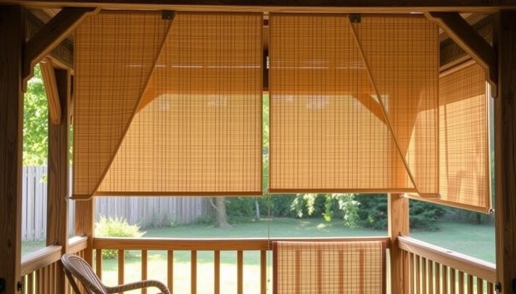 An outdoor scene of a cozy wooden garden gazebo or pavilion, with a focus on a set of custom-made roller shades or curtains covering the open sides. The shades should be made of natural, woven materials like bamboo or rattan, with a warm, earthy color palette that complements the rustic wooden structure. Soft, diffused sunlight filters through the shades, creating a serene and inviting atmosphere. The overall composition should highlight the process of installing or adjusting the shades, showcasing their practical and decorative functions within the altana (garden pavilion) setting.
