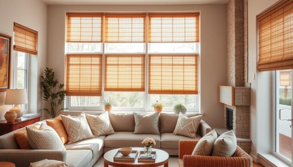 Cozy living room with natural lighting, warm and inviting atmosphere. Various window shades and roller blinds in different colors harmoniously coordinated with the neutral-toned walls. Textures of fabrics, wood, and stone create a soothing, balanced aesthetic. The roller blinds are precisely matched to complement the wall colors, seamlessly blending in with the overall decor. The composition highlights the importance of color coordination between window treatments and interior surfaces for a cohesive, visually appealing space.