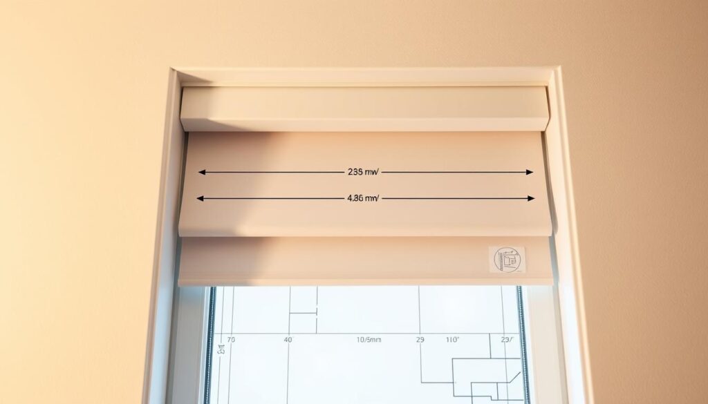 Detailed blueprint of a window casing, showcasing the precise measurements required for a day and night roller blind installation. Crisp, high-resolution photography captures the intricate dimensions, including the width, height, and depth of the window frame. Warm, soft lighting illuminates the scene, casting gentle shadows that emphasize the architectural elements. The composition is clean and minimalist, with a neutral color palette that allows the technical details to take center stage. The overall mood is one of precision, functionality, and practical guidance for the DIY home improvement project.