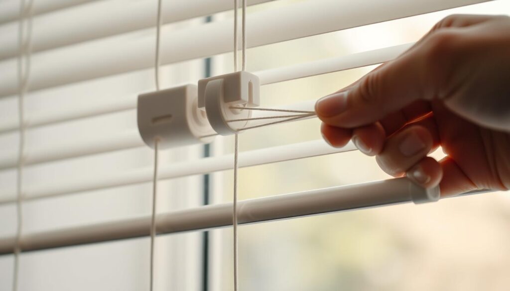 Detailed close-up shot of a hand carefully pulling a delicate string through the mechanisms of a modern, minimalist white window blind. The string is thin and pale, winding its way through the intricate system of pulleys and guides. The hand is steady and deliberate, guiding the string with precision. The scene is well-lit, with soft, diffused natural light filtering in through the blinds, casting subtle shadows and highlights. The background is blurred, keeping the focus on the task at hand. The overall mood is one of calm concentration and attention to detail. Detailed close-up shot of a hand carefully pulling a delicate string through the mechanisms of a modern, minimalist white window blind. The string is thin and pale, winding its way through the intricate system of pulleys and guides. The hand is steady and deliberate, guiding the string with precision. The scene is well-lit, with soft, diffused natural light filtering in through the blinds, casting subtle shadows and highlights. The background is blurred, keeping the focus on the task at hand. The overall mood is one of calm concentration and attention to detail.