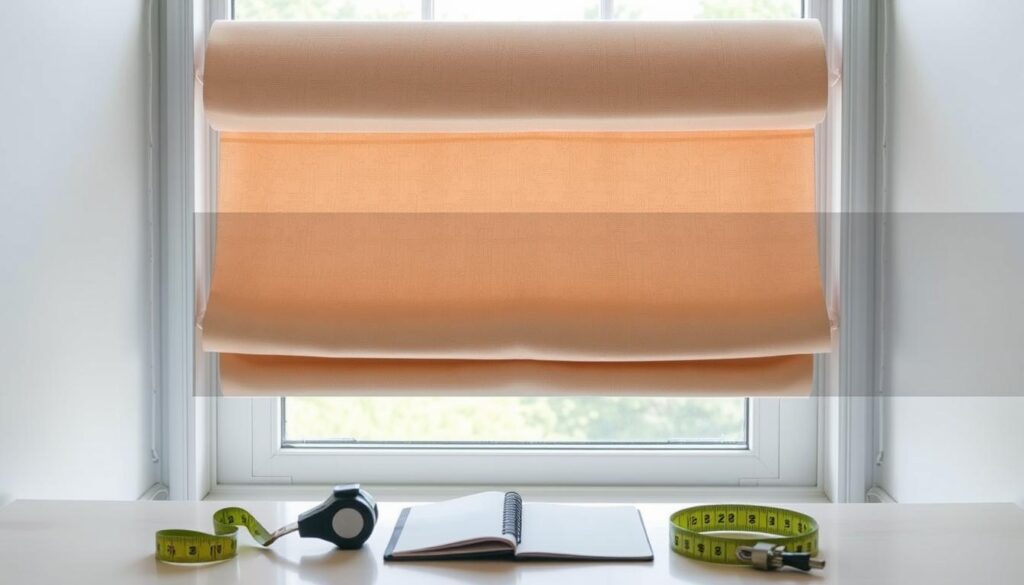 Detailed interior view of a window frame, showcasing the process of measuring its dimensions. The window is set against a bright, natural backdrop, allowing ample light to stream through. The foreground features a tape measure, a notebook, and other measurement tools, strategically placed to highlight the planning and preparation stages. The middle ground showcases the window frame in crisp detail, with precise dimensions marked along the edges. The background depicts a serene, minimalist room, emphasizing the importance of accurate measurements for a successful DIY roman shade project. The overall composition conveys a sense of order, attention to detail, and the methodical approach required for this home improvement task.