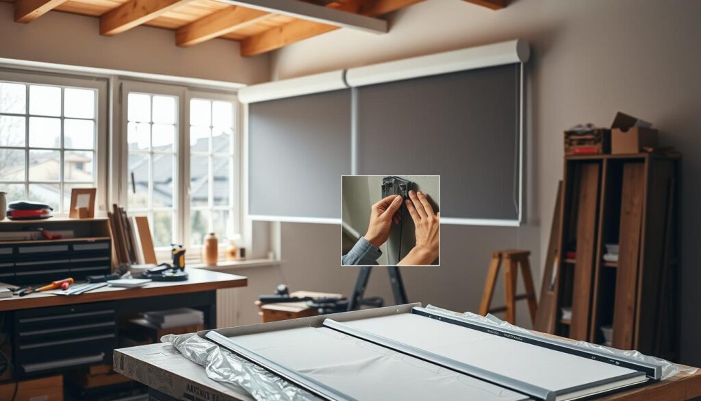 Detailed step-by-step installation of exterior roller blinds. A well-lit home workshop, with tools and materials neatly organized on the workbench. In the foreground, a pair of roller blinds in their packaging, ready for assembly. The middle ground showcases the step-by-step process, with a worker's hands carefully aligning the components and installing the mounting brackets. The background features a large window, allowing natural light to flood the scene and highlighting the final product's elegant, seamless integration into the exterior of the building. The overall atmosphere conveys a sense of precision, functionality, and the satisfaction of a job well done. Detailed step-by-step installation of exterior roller blinds. A well-lit home workshop, with tools and materials neatly organized on the workbench. In the foreground, a pair of roller blinds in their packaging, ready for assembly. The middle ground showcases the step-by-step process, with a worker's hands carefully aligning the components and installing the mounting brackets. The background features a large window, allowing natural light to flood the scene and highlighting the final product's elegant, seamless integration into the exterior of the building. The overall atmosphere conveys a sense of precision, functionality, and the satisfaction of a job well done.