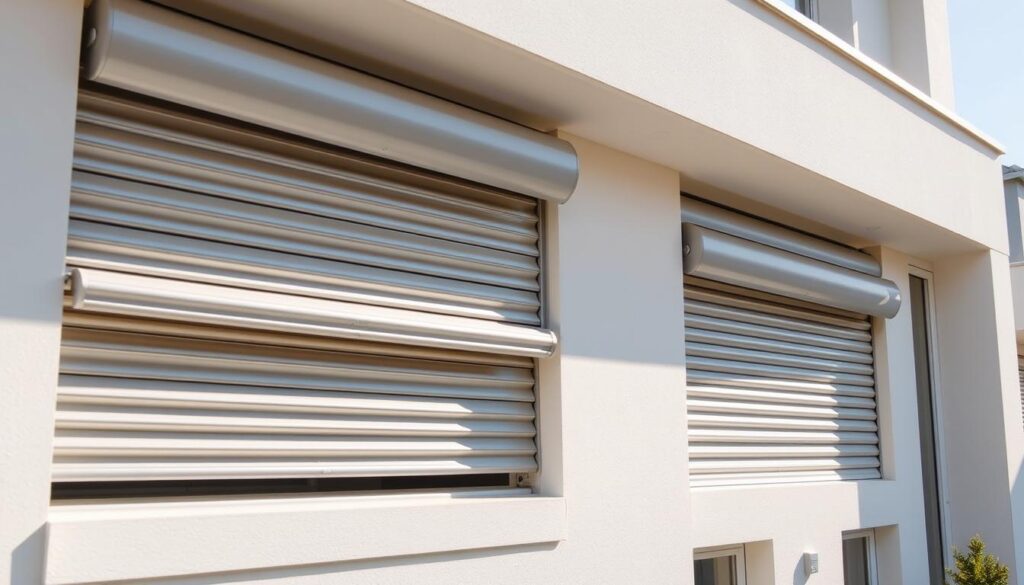 High-quality exterior roller shutters in a modern residential building, showcasing their thermal insulation properties. Bright, natural lighting illuminates the scene, highlighting the sleek and minimalist design of the shutters. The shutters are partially deployed, creating a sense of depth and texture. The facade features clean lines and neutral colors, emphasizing the roller shutters as the focal point. The overall atmosphere conveys a sense of energy efficiency, comfort, and architectural elegance. High-quality exterior roller shutters in a modern residential building, showcasing their thermal insulation properties. Bright, natural lighting illuminates the scene, highlighting the sleek and minimalist design of the shutters. The shutters are partially deployed, creating a sense of depth and texture. The facade features clean lines and neutral colors, emphasizing the roller shutters as the focal point. The overall atmosphere conveys a sense of energy efficiency, comfort, and architectural elegance.