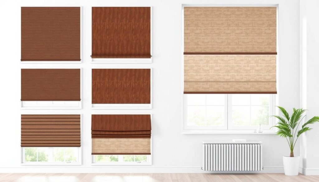 High-quality exterior window shades in various styles, materials, and colors, showcased in a well-lit, modern room setting. A diverse range of shades are displayed, including roller, pleated, and Roman types, demonstrating their versatility and aesthetic appeal. The shades are shown in an organized, visually-appealing manner, allowing for a clear comparison of the different options. The lighting is balanced, creating a bright, inviting atmosphere that highlights the textures and details of the shades. The room's minimalist decor provides a clean, uncluttered backdrop, allowing the window coverings to take center stage and be the focal point of the image.