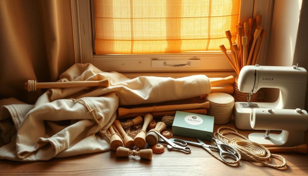 Neatly arranged assortment of materials for crafting a Roman shade, including linen fabric, wooden dowels, cord, pulleys, and sewing supplies, illuminated by warm, natural light streaming through a window. The textures and tones create a cozy, artisanal atmosphere, evoking the handmade process of constructing this timeless window treatment. The composition highlights the essential components needed to DIY a Roman blind, inspiring the viewer to embark on their own home decor project. Neatly arranged assortment of materials for crafting a Roman shade, including linen fabric, wooden dowels, cord, pulleys, and sewing supplies, illuminated by warm, natural light streaming through a window. The textures and tones create a cozy, artisanal atmosphere, evoking the handmade process of constructing this timeless window treatment. The composition highlights the essential components needed to DIY a Roman blind, inspiring the viewer to embark on their own home decor project.