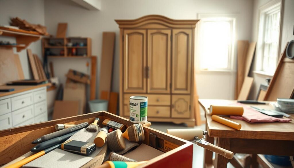 A bright, sunlit workshop filled with the tools and materials needed to prepare a wardrobe for painting. In the foreground, an open toolbox spills out various brushes, sandpaper, and a paint roller. Atop a sturdy workbench, a can of primer paint and painter's tape wait to be applied. In the middle ground, a partially disassembled wardrobe stands ready, its doors and drawers removed to expose the surfaces that require preparation. Through a window in the background, natural light streams in, casting a warm glow over the workspace and hinting at the transformation to come. The atmosphere exudes a sense of organization and anticipation, setting the stage for a successful painting project.