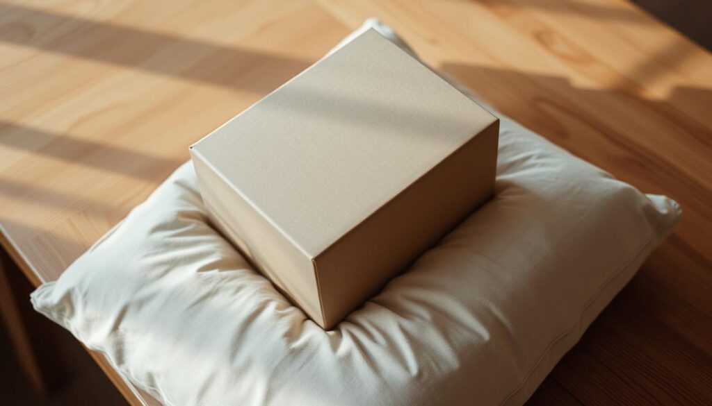 A cardboard box resting on a wooden table, its clean lines and muted tones lending a sense of simple elegance. The box sits atop a soft, plush pillow, its neutral hue complementing the warm, natural tones of the surrounding environment. Subtle shadows cast by the box create depth and dimension, while the soft, diffused lighting lends a cozy, intimate atmosphere. The overall composition conveys a sense of thoughtful presentation, hinting at the care and attention to detail that has gone into preparing this gift-worthy packaging.