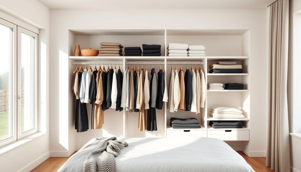 A clean, minimalist wardrobe with carefully curated capsule pieces. A modern, airy bedroom with natural lighting streaming through large windows. Folded garments neatly arranged on floating shelves against a soft, neutral-toned backdrop. Simple hangers and storage solutions keeping everything organized and accessible. The overall aesthetic is one of intentional simplicity, calm, and effortless style - the embodiment of the ideal capsule wardrobe.