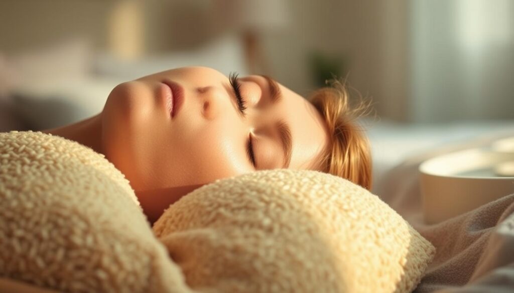 A close-up shot of a person's face, eyes closed, resting peacefully on a fluffy, golden-hued buckwheat pillow. Soft, diffused lighting casts a warm, calming glow, highlighting the gentle contours of the skin. In the background, a blurred, serene scene of a tranquil bedroom, with muted colors and a sense of serenity. The image conveys the potential side effects of using a buckwheat pillow, such as improved sleep quality, reduced neck and back pain, and a feeling of relaxation and comfort.
