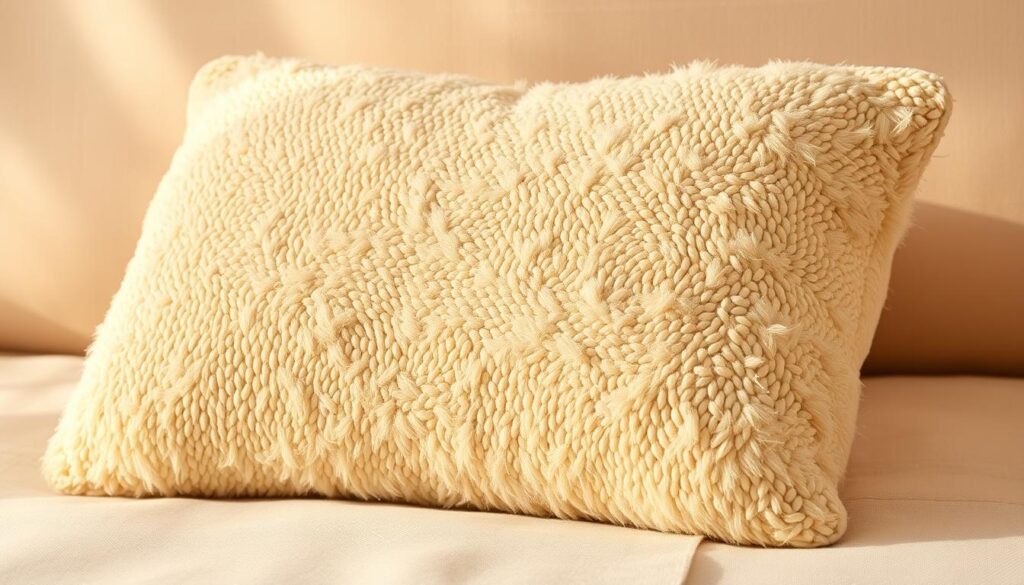 A close-up view of a fluffy, natural buckwheat pillow set against a soft, neutral background. The pillow's surface is textured, showcasing the distinctive grains of the buckwheat hulls. The lighting is warm and diffused, creating a cozy, inviting atmosphere. The composition emphasizes the pillow's shape and volume, highlighting its supportive and moldable properties. The image conveys the comfort, breathability, and therapeutic benefits associated with a high-quality buckwheat pillow.