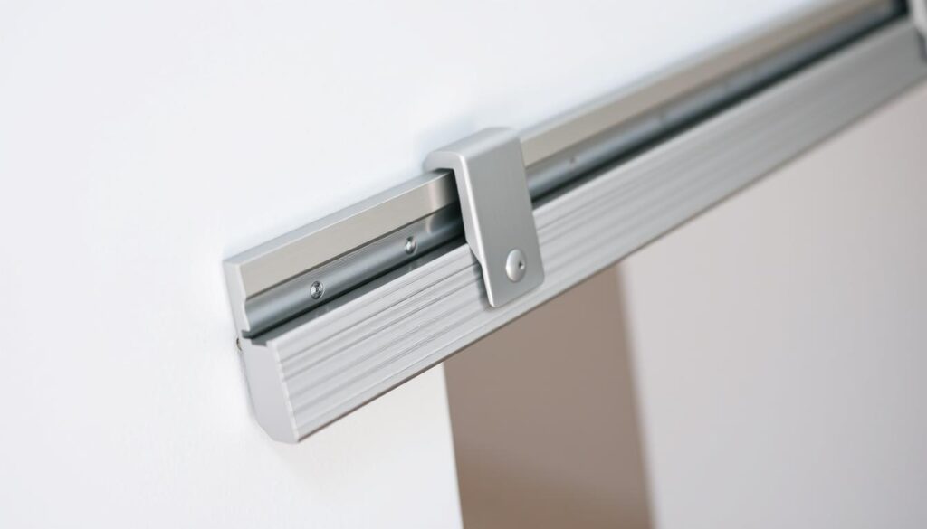 A close-up view of a metal sliding door track, or rail, mounted on a white wall. The track is made of sturdy aluminum with a sleek, minimalist design. The surface has a matte finish, with subtle grooves and textures that add visual interest. The track is mounted securely, with visible mounting brackets or screws that hold it in place. The lighting is natural, slightly diffused, creating soft shadows that accentuate the track's form. The background is clean and uncluttered, allowing the track to be the focal point of the image. The overall composition is well-balanced, with the track positioned centrally and filling a significant portion of the frame.