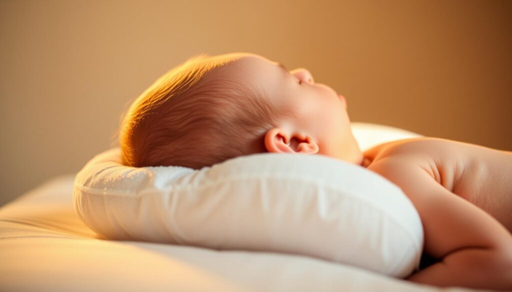 A close-up view of a newborn baby's head resting on a soft, supportive pillow. The pillow has a unique contoured shape that gently cradles the infant's delicate skull, promoting proper head alignment and natural development. Warm, diffused lighting from the side casts a gentle glow, highlighting the pillow's plush texture and the baby's peaceful expression. The background is blurred, allowing the viewer to focus on the intimate scene. The pillow is positioned at a slight angle, creating a sense of natural positioning and comfort for the sleeping child. The overall mood is one of tranquility, care, and the nurturing relationship between a parent and their newborn.