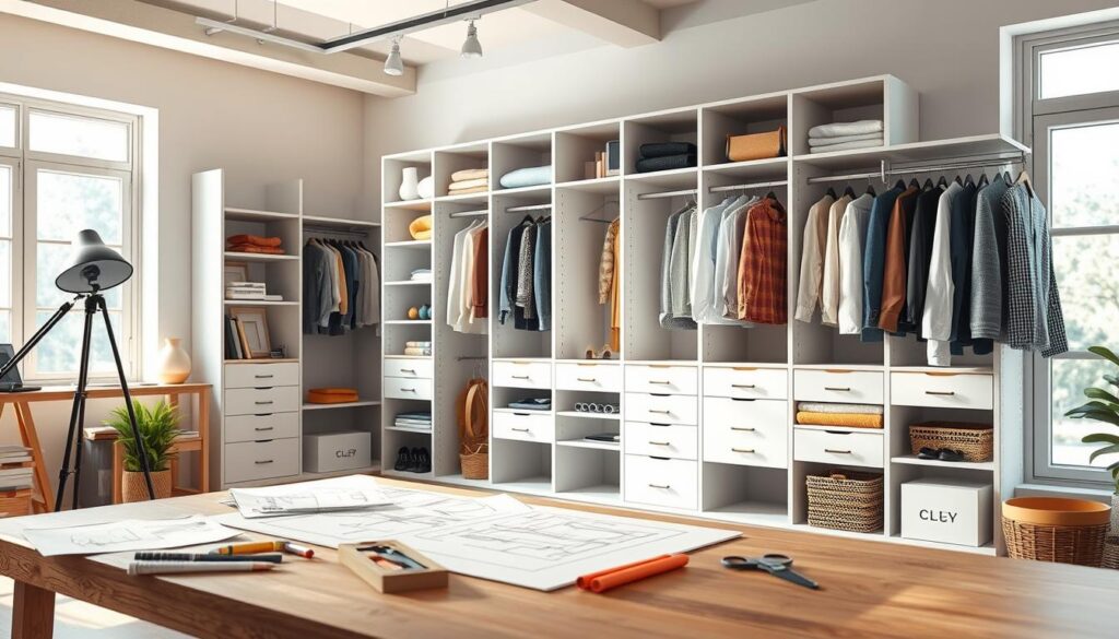 A cozy DIY closet design workshop with a focus on planning and layout. The foreground features a detailed 3D rendering of a custom closet system, complete with shelves, drawers, and hanging rods. The middle ground showcases various design tools and sketches, capturing the creative process. The background depicts a bright, airy studio space with natural lighting filtering through large windows, inspiring a sense of organization and productivity. The overall mood is one of thoughtful design, with a warm, inviting atmosphere to facilitate the planning and project design of the perfect custom closet. A cozy DIY closet design workshop with a focus on planning and layout. The foreground features a detailed 3D rendering of a custom closet system, complete with shelves, drawers, and hanging rods. The middle ground showcases various design tools and sketches, capturing the creative process. The background depicts a bright, airy studio space with natural lighting filtering through large windows, inspiring a sense of organization and productivity. The overall mood is one of thoughtful design, with a warm, inviting atmosphere to facilitate the planning and project design of the perfect custom closet.