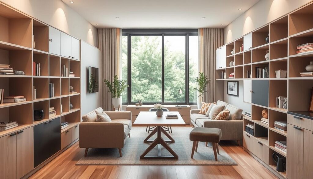 A cozy and compact living space, showcasing a versatile modular furniture arrangement. In the foreground, sleek and minimalist shelving units line the walls, seamlessly integrating storage and display. Neutral tones and clean lines create a serene atmosphere, while strategically placed task lighting highlights key functional areas. In the middle ground, a multi-purpose table doubles as a workspace and dining surface, surrounded by comfortable, space-saving seating options. The background features a large window, allowing natural light to flood the room and create a sense of openness, complementing the efficient and practical layout. Soft textures and natural materials add warmth and personality to the overall design, resulting in a harmonious and visually appealing small-space solution.