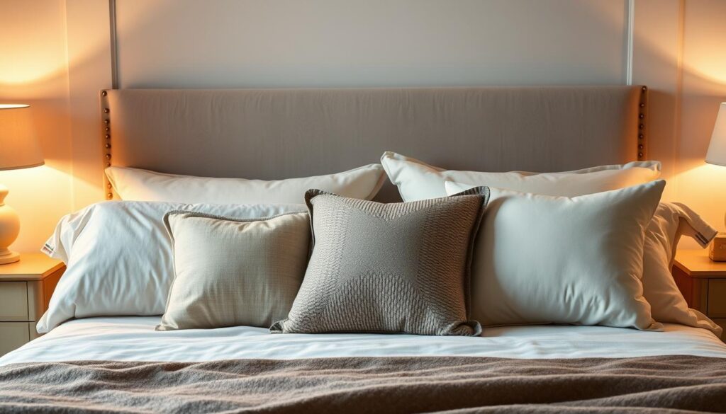 A cozy and elegant bedroom setting, with a neatly arranged array of pillows on a plush, inviting bed. Soft, warm lighting casts a gentle glow, highlighting the textures and colors of the pillows. The pillows are carefully positioned in a visually pleasing and functional manner, with a mix of sizes, shapes, and patterns that create a harmonious and visually appealing arrangement. The bed is made with high-quality linens, and the overall scene conveys a sense of comfort, relaxation, and attention to detail. The image should capture the essence of the section title, "Poradnik ułożenia poduszek w sypialni," showcasing the aesthetics and functionality of a well-designed pillow arrangement in a bedroom setting.