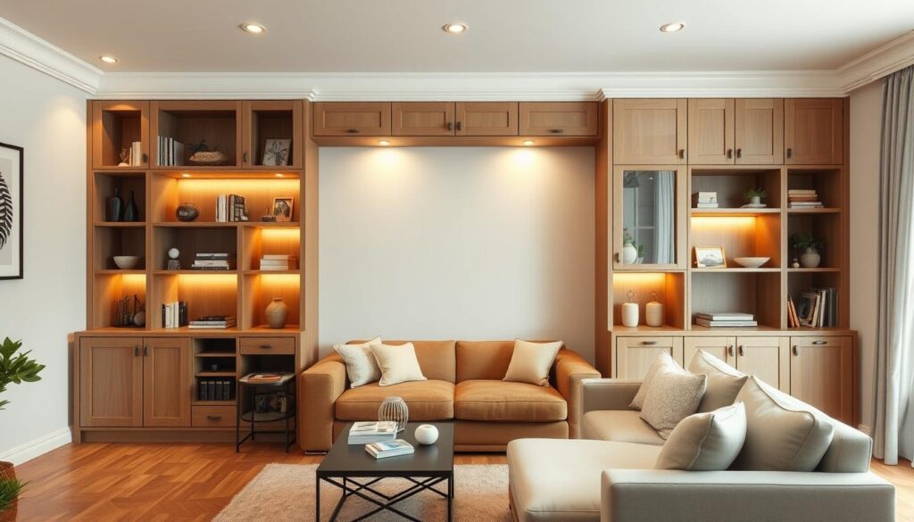 A cozy and functional living room with a built-in wall cabinet, providing ample storage and display space. The cabinet features a mixture of open shelves and closed cabinets, allowing for a balanced display of decor and practical storage. Warm, diffused lighting illuminates the room, creating a inviting atmosphere. The layout utilizes the limited square footage efficiently, with a compact sofa and side tables optimizing the space. The overall design strikes a harmonious balance between aesthetics and functionality, showcasing practical solutions for small living rooms.