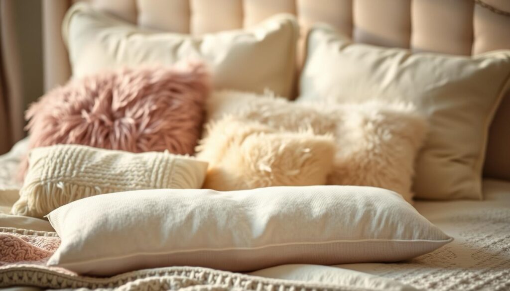 A cozy and inviting bedroom setting featuring a child's bed with a selection of soft, fluffy pillows in various sizes and shapes. The pillows are arranged neatly, with a mix of different textures and patterns that create a visually appealing and comfortable-looking arrangement. The lighting is warm and gentle, creating a soothing and nurturing atmosphere. The background is blurred, allowing the pillows to be the focal point of the image. The overall composition conveys a sense of care and attention to the child's comfort and well-being.