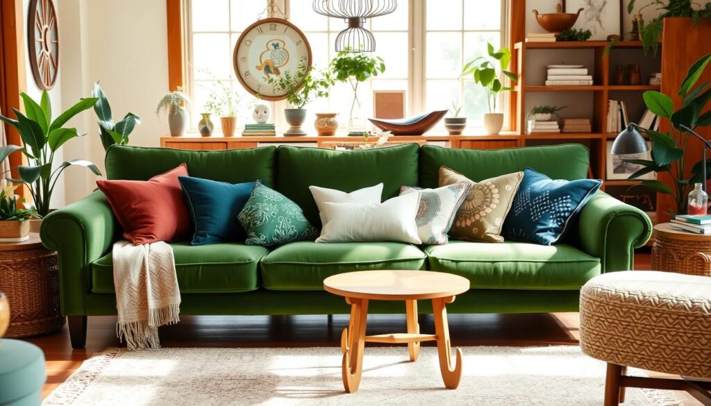 A cozy and inviting living room with a lush, green velvet sofa as the centerpiece. On the sofa, an assortment of decorative throw pillows in various shapes, textures, and colors, including rich jewel tones, soft neutrals, and playful patterns. Surrounding the sofa, a warm, natural-light-filled space with wood accents, potted plants, and a mix of contemporary and vintage decor elements. The overall mood is one of comfort, style, and inspiration, inviting the viewer to imagine how they might decorate their own green sofa.