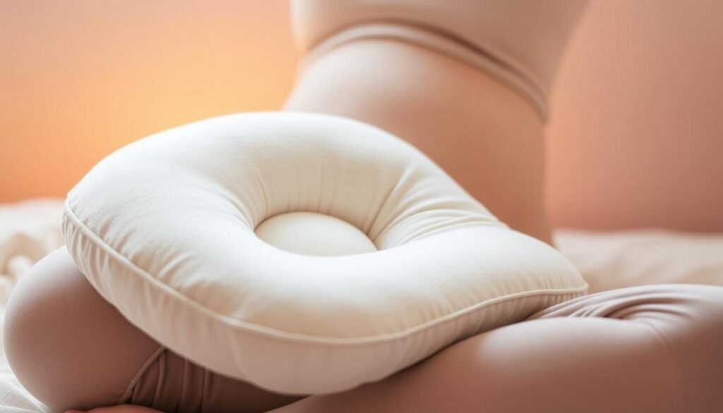 A cozy and supportive knee pillow for expectant mothers, softly nestled between bent legs against a soothing pastel backdrop. The pillow's plush surface and ergonomic contours gently cradle the knees, providing comfortable support for the lower body during pregnancy. Warm lighting casts a gentle glow, creating a serene and nurturing atmosphere. The pillow's neutral color and simple design blend seamlessly into the calming environment, emphasizing its practical yet comforting purpose for women seeking relief and relaxation during this special time. A cozy and supportive knee pillow for expectant mothers, softly nestled between bent legs against a soothing pastel backdrop. The pillow's plush surface and ergonomic contours gently cradle the knees, providing comfortable support for the lower body during pregnancy. Warm lighting casts a gentle glow, creating a serene and nurturing atmosphere. The pillow's neutral color and simple design blend seamlessly into the calming environment, emphasizing its practical yet comforting purpose for women seeking relief and relaxation during this special time.