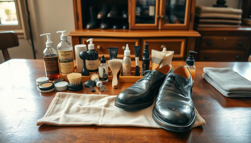 A cozy and well-lit shoeshine station, with a range of shoe care products neatly arranged on a polished wooden surface. In the foreground, a pair of well-worn leather dress shoes rests on a soft, lint-free cloth, awaiting a thorough brushing and polishing. The middle ground features a selection of high-quality shoe polish, brushes, and applicators, meticulously organized for efficient use. In the background, a vintage-inspired cabinet displays a collection of shoe trees and other storage solutions, creating a harmonious and functional workspace for maintaining the longevity and appearance of one's footwear.
