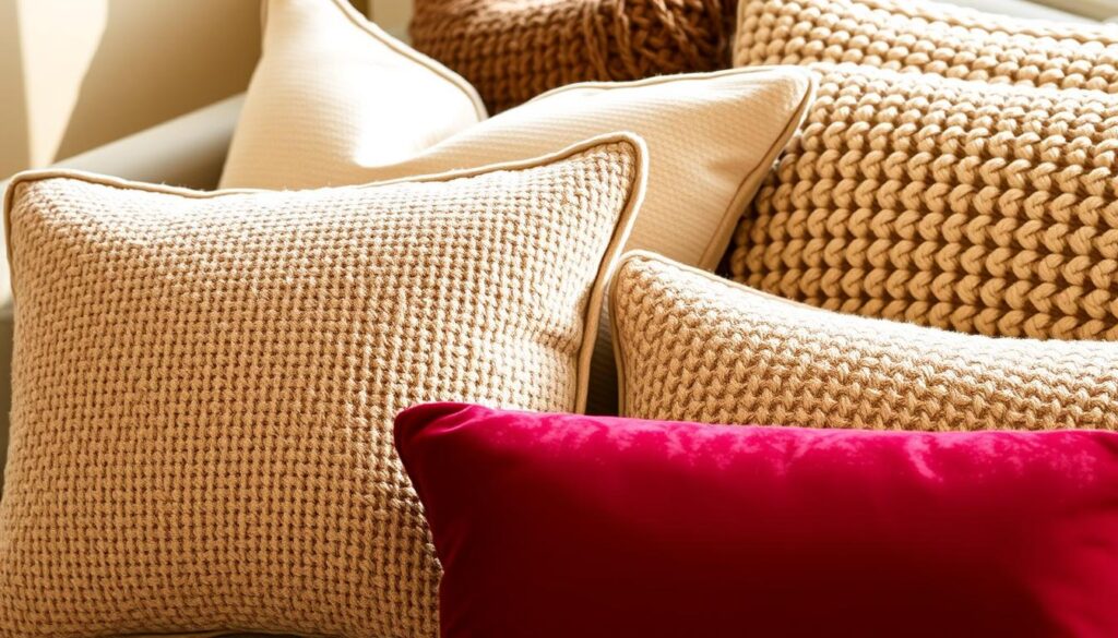 A cozy arrangement of plush throw pillows in a variety of sumptuous fabrics and textures. In the foreground, a luxurious velvet cushion in a rich burgundy hue, its surface lightly brushed to create a soft, tactile effect. Beside it, a pillow covered in a woven boucle fabric, its intricate pattern adding visual interest. In the middle ground, a pair of pillows in a linen-like material, their neutral tones complementing the darker shades. The background features a soft, knitted throw pillow, its chunky texture creating depth and dimension. Warm, indirect lighting casts a gentle glow, enhancing the luxurious, inviting atmosphere. The overall composition celebrates the diverse range of materials and textural qualities found in modern throw pillow design.