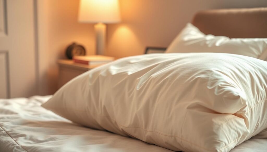A cozy bedroom scene featuring a plush, oversized pillow in the foreground. The pillow is depicted in a soft, inviting texture, with a slightly rumpled surface that suggests it has been fluffed and manipulated. The lighting is warm and diffused, creating a soothing, relaxing atmosphere. In the middle ground, a serene bedside table with a simple lamp and a book or two, hinting at a peaceful, thoughtful environment. The background is gently blurred, emphasizing the focus on the pillow and its delicate balance between softness and structure. The overall composition conveys a sense of comfort, tranquility, and the importance of selecting the right pillow to prevent it from becoming overly compressed or deformed over time.