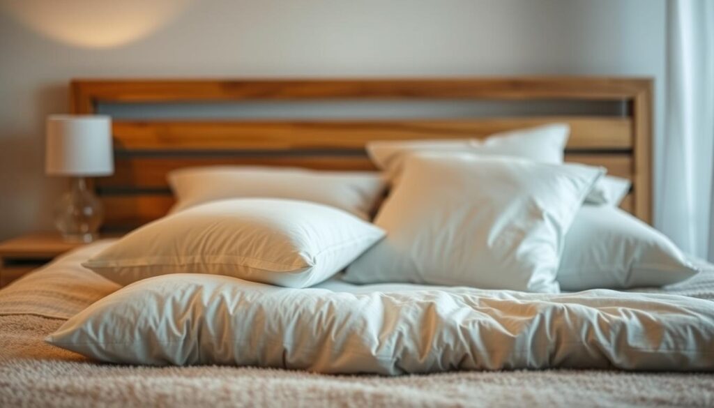 A cozy bedroom scene, with a focus on a comfortable pillow arrangement on a plush bedding. The pillows are showcased in the foreground, with a soft, warm lighting illuminating their textures and shapes. The middle ground features a wooden bedframe and nightstand, creating a natural, inviting atmosphere. The background fades into a soothing, neutral-toned wall, allowing the pillows to take center stage. The overall composition conveys a sense of relaxation and support for the spine, highlighting the importance of choosing the right pillows for a healthy sleeping experience.
