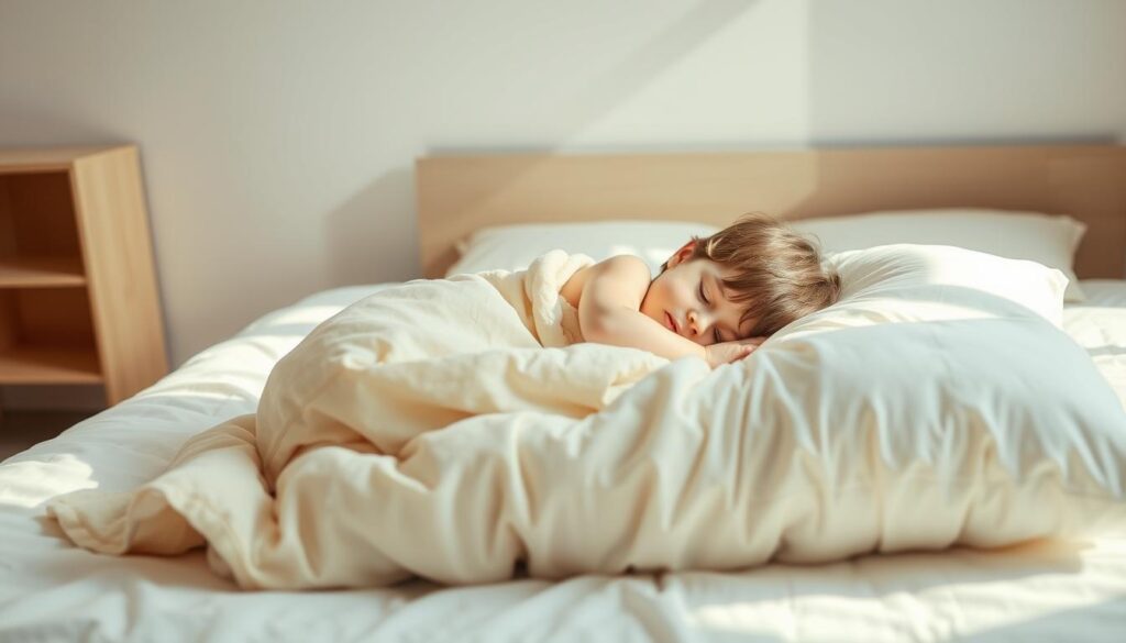 A cozy bedroom scene with a young child sleeping peacefully on a soft, cloud-like bed. The child is curled up, snuggled in a warm, comfortable blanket, their head resting gently on a plush, supportive pillow. The room is bathed in a soft, natural light, creating a serene and calming atmosphere. The background is a minimalist, neutral-toned space, allowing the child and their bedding to be the focal point. The image conveys a sense of rest, security, and the importance of providing a comfortable sleep environment for a growing child.