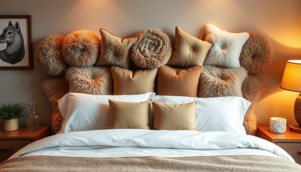 A cozy bedroom setting with a comfortable queen-sized bed and an inviting plush headboard made from a collection of fluffy, decorative pillows in earthy tones. The headboard takes center stage, showcasing a thoughtful, artful arrangement of pillows in varying shapes, sizes, and textures, creating a visually appealing and functional design. Warm, soft lighting illuminates the scene, casting a gentle glow and evoking a sense of relaxation. The overall atmosphere is one of tranquility and practical, yet stylish, home decor. A cozy bedroom setting with a comfortable queen-sized bed and an inviting plush headboard made from a collection of fluffy, decorative pillows in earthy tones. The headboard takes center stage, showcasing a thoughtful, artful arrangement of pillows in varying shapes, sizes, and textures, creating a visually appealing and functional design. Warm, soft lighting illuminates the scene, casting a gentle glow and evoking a sense of relaxation. The overall atmosphere is one of tranquility and practical, yet stylish, home decor.