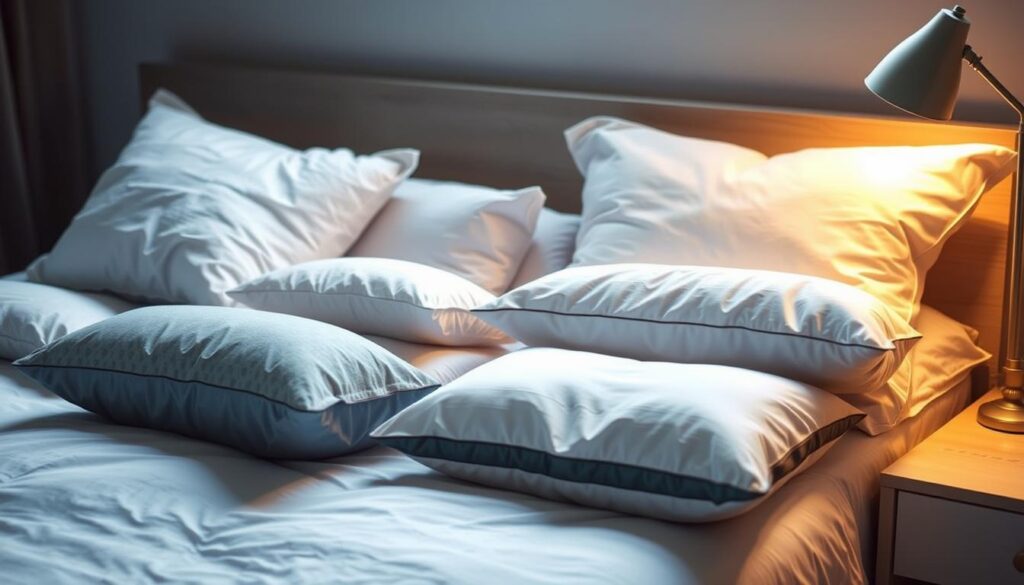 A cozy bedroom setting with a well-lit bedside table showcasing an assortment of pillows in various shapes, sizes, and materials. The pillows are arranged neatly, allowing the viewer to examine their unique features. Soft, diffused lighting creates a warm, inviting atmosphere, highlighting the textures and details of the pillows. The camera angle is slightly elevated, providing a clear view of the pillows and their accompanying labels or descriptions, guiding the viewer on how to select the ideal pillow for their sleeping needs. The background is slightly blurred, maintaining the focus on the pillows and their selection process. A cozy bedroom setting with a well-lit bedside table showcasing an assortment of pillows in various shapes, sizes, and materials. The pillows are arranged neatly, allowing the viewer to examine their unique features. Soft, diffused lighting creates a warm, inviting atmosphere, highlighting the textures and details of the pillows. The camera angle is slightly elevated, providing a clear view of the pillows and their accompanying labels or descriptions, guiding the viewer on how to select the ideal pillow for their sleeping needs. The background is slightly blurred, maintaining the focus on the pillows and their selection process.