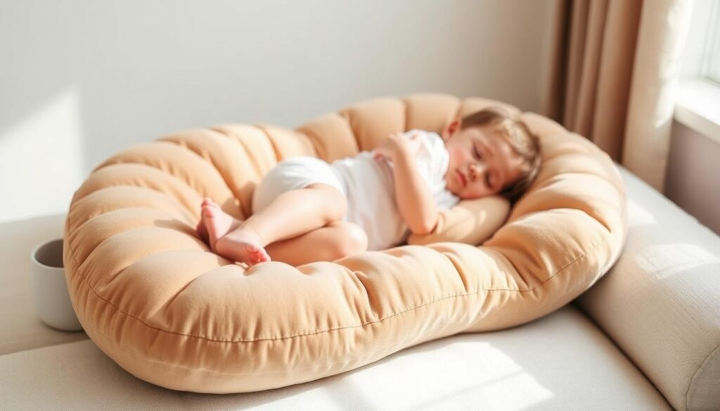 A cozy, ergonomic nursing pillow in a warm, natural color palette. The plush, crescent-shaped cushion with gentle contours is meticulously crafted from high-quality, breathable materials, designed to provide optimal comfort and support for mother and child during breastfeeding sessions. Soft, tufted textures create a soothing, inviting surface, while the gently sloping sides offer gentle cradling and stability. The pillow is positioned in a well-lit, tranquil setting, perhaps near a window with natural daylight filtering in, creating a calming, nurturing atmosphere perfect for intimate bonding.
