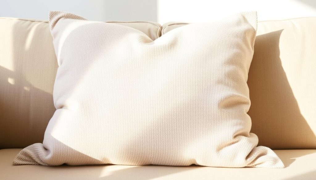 A cozy, handmade throw pillow in a soft, textured knit fabric, with a plush, oversized silhouette. The pillow sits atop a neutral-toned couch, casting warm, natural lighting across its surface. Delicate folds and creases in the fabric create a comforting, homemade aesthetic. The pillow's form is captured from a slightly elevated, angled perspective, emphasizing its inviting, tactile qualities. The background is uncluttered, allowing the pillow to be the central focus, showcasing each step of the DIY sewing process in a clear, step-by-step manner.