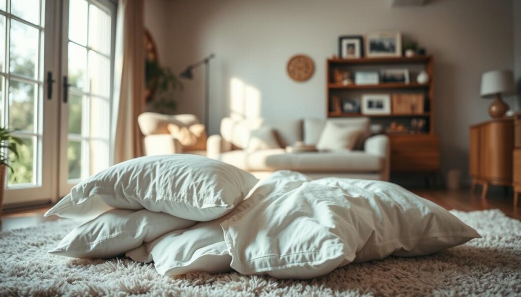 A cozy interior scene of a living room or bedroom. In the foreground, a pile of freshly laundered pillows sits on a plush rug, their fluffy forms suggesting they are in the process of being aired out and dried. Soft, diffused lighting filters in through large windows, casting a warm, natural glow throughout the space. The middle ground features a comfortable-looking armchair or daybed, inviting the viewer to imagine snuggling up with a good book. In the background, shelves or cabinets display personal mementos and decor, creating a sense of a lived-in, homey environment. The overall mood is one of tranquility and domestic comfort, reflecting the care and attention being given to refreshing and maintaining these well-loved household items.