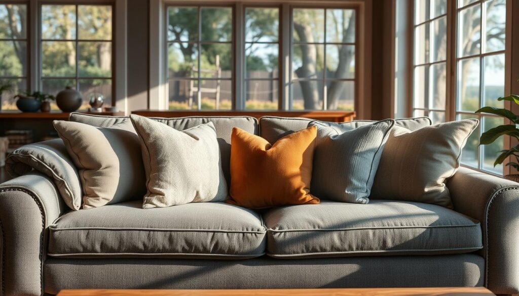 A cozy, inviting living room scene with a plush gray sofa as the focal point. Soft, textured throw pillows in complementary colors and patterns adorn the sofa, creating a visually appealing and harmonious arrangement. The lighting is warm and natural, filtering in through large windows that offer a glimpse of a serene outdoor setting. The room has a refined, yet comfortable atmosphere, perfect for relaxation and entertaining. The image should convey a sense of style and coziness, highlighting the versatility of the gray sofa and the carefully selected accent pillows.