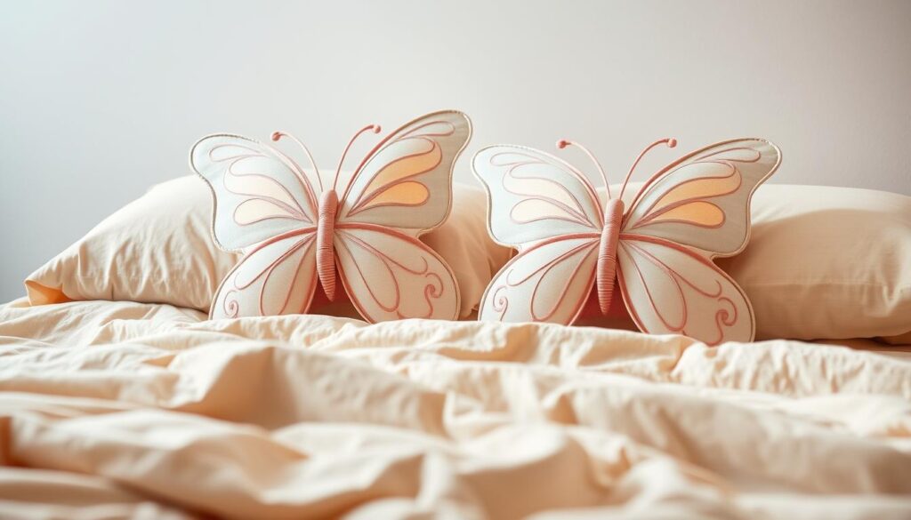 A cozy, inviting scene featuring a pair of whimsical butterfly-shaped pillows on a warm, neutral-toned bedding. The pillows have delicate, patterned wings in soft pastel hues, gently resting on a plush, inviting duvet. Soft, diffused lighting casts a soothing glow, creating a serene and calming atmosphere. The composition is balanced, with the pillows taking center stage, surrounded by a minimalist, clean background that allows the main subjects to shine. The image conveys a sense of comfort, rest, and peaceful relaxation, suitable for a child's sleeping environment.