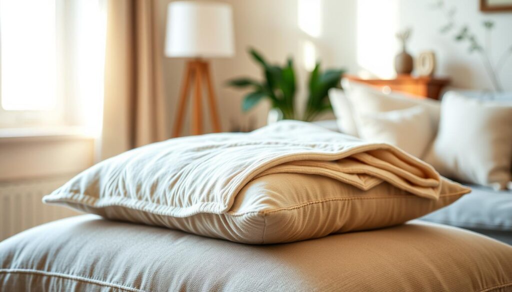 A cozy, inviting scene showcasing the versatility of a cozy blanket transformed into a plush, comfortable pillow. In the foreground, a neatly folded blanket sits atop a soft, textured cushion, its neutral tones and delicate patterns adding a touch of elegance. The middle ground features a warm, well-lit room, with natural sunlight streaming through a nearby window, casting a gentle glow across the scene. In the background, a serene and inviting atmosphere is created, with subtle hints of complementary decor, such as a wooden side table or a potted plant, completing the serene and inviting ambiance. The overall mood is one of comfort, relaxation, and the ingenious repurposing of a common household item.