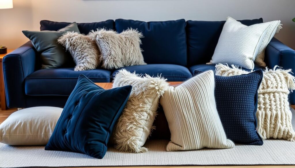 A cozy living room scene with a deep navy blue sofa, lit by warm, soft lighting. In the foreground, an assortment of fluffy throw pillows in complementary shades of grey, ivory, and navy, artfully arranged to create a harmonious and inviting display. The pillows have various textures, such as velvet, linen, and knitted patterns, adding visual interest. The middle ground features a wooden coffee table, and the background showcases a neutral-toned wall, creating a balanced and calming atmosphere. The image should convey a sense of stylish, comfortable living.