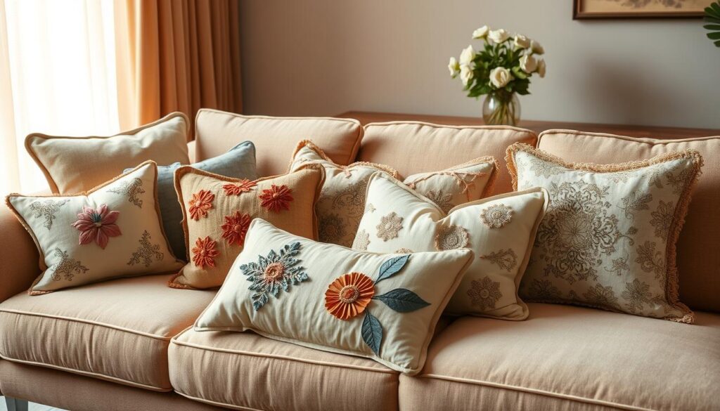 A cozy living room scene with an array of decorative throw pillows in various shapes and patterns. The pillows are artfully arranged on a plush, neutral-toned sofa, showcasing an assortment of sewing techniques and embellishments - delicate embroidery, vibrant appliques, rustic patches, and intricate quilting. Warm, natural lighting filters through sheer curtains, casting a soft glow and accentuating the textural details. In the background, a wooden side table displays a vase of fresh flowers, complementing the serene, inviting atmosphere. The overall composition highlights the creative possibilities for decorating custom pillowcases, inspiring the viewer to explore their own sewing and design ideas.