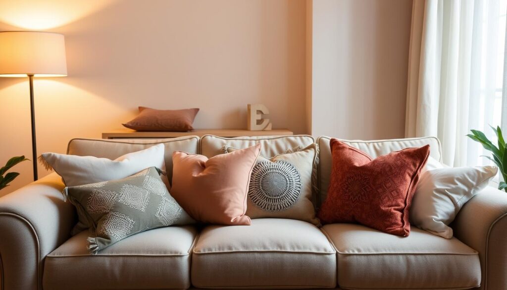A cozy living room with a plush, inviting sofa in the center. Soft, decorative throw pillows in various hues and patterns adorn the sofa, creating a visually appealing and welcoming arrangement. The pillows are strategically placed to enhance the room's ambiance, adding depth, texture, and a touch of personalization. Warm, diffused lighting from a nearby floor lamp casts a gentle glow, highlighting the pillows' intricate details and creating a serene, relaxing atmosphere. The room's neutral color palette provides a harmonious backdrop, allowing the pillows to take center stage and showcase their significance in the overall interior design.