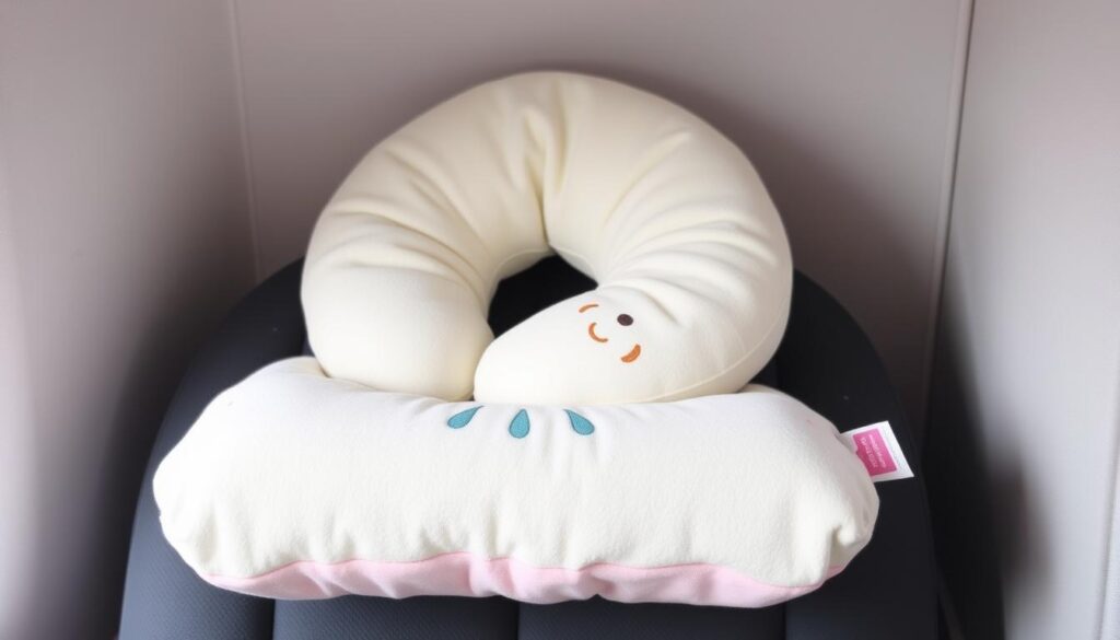 A cozy, pastel-colored child's travel pillow, meticulously crafted with soft, hypoallergenic materials. The pillow features a gentle, ergonomic contour that cradles the child's head and neck, providing optimal support during long journeys. The pillow's exterior is adorned with whimsical, child-friendly patterns or designs, capturing the imagination and delight of young travelers. A discreet zipper allows for easy cleaning and maintenance. The pillow is displayed in a serene, well-lit environment, highlighting its inviting texture and soothing color palette, making it an ideal companion for a comfortable and restful travel experience.