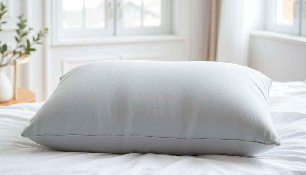 A cozy, plush pillow in a soft gray or light blue hue, designed specifically for side sleepers. The pillow has a gently curved, ergonomic shape that contours to the natural curve of the neck and shoulders, providing gentle support and pressure relief. The material is breathable and hypoallergenic, ensuring a comfortable and undisturbed sleep. The pillow is placed on a crisp, white linen sheet against a minimalist, Scandinavian-inspired bedroom backdrop, with soft, natural lighting filtering in through a large window, creating a serene and relaxing atmosphere.
