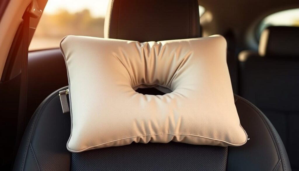 A cozy travel pillow for car rides, crafted with soft, supportive memory foam. Designed to cradle the neck and head, providing comfort and reducing fatigue during long journeys. The pillow has a sleek, minimalist aesthetic, covered in a breathable, machine-washable fabric in a soothing neutral tone. Placed against the car seat, the pillow creates a serene, ergonomic oasis, allowing the traveler to relax and unwind, even in the midst of the open road. Subtle stitching and a discreet zipper closure add a touch of refined practicality. Lit by warm, natural lighting, the pillow appears inviting and ready to provide a tranquil respite from the motion of the vehicle.